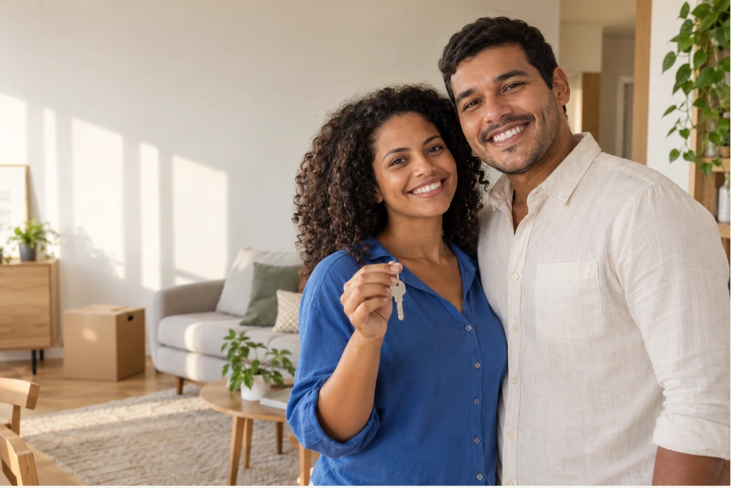 Casal sorrindo com as chaves de casa, imagem da identidade Larparaná