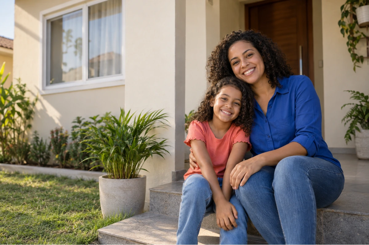 Mãe e filha sentadas na entrada de uma casa, imagem de campanha da marca